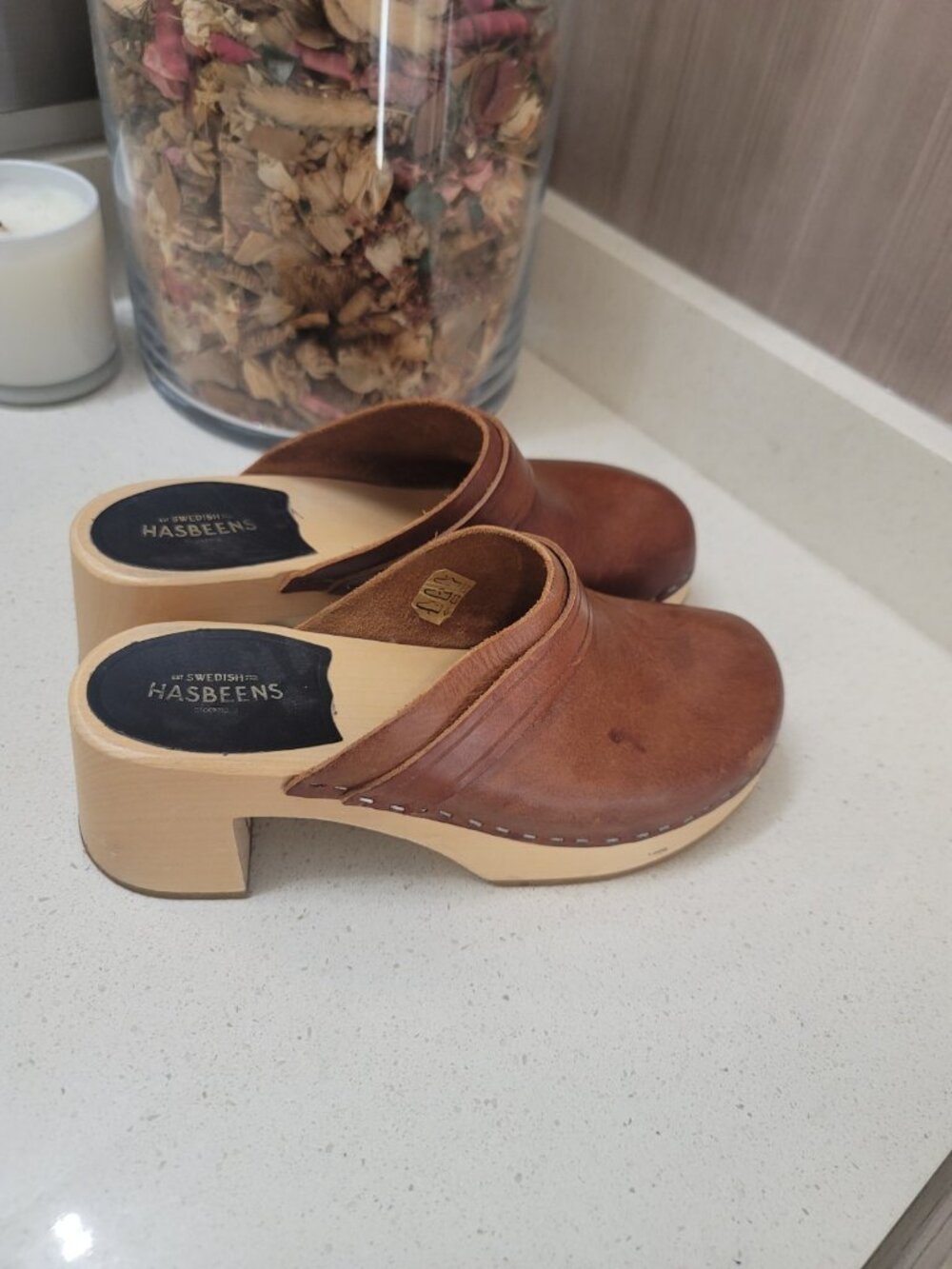 SWEDISH HASBEENS Clogs Classic Leather Wood Platform Mule Brown SZ 39/8.5 - Picture 3 of 8